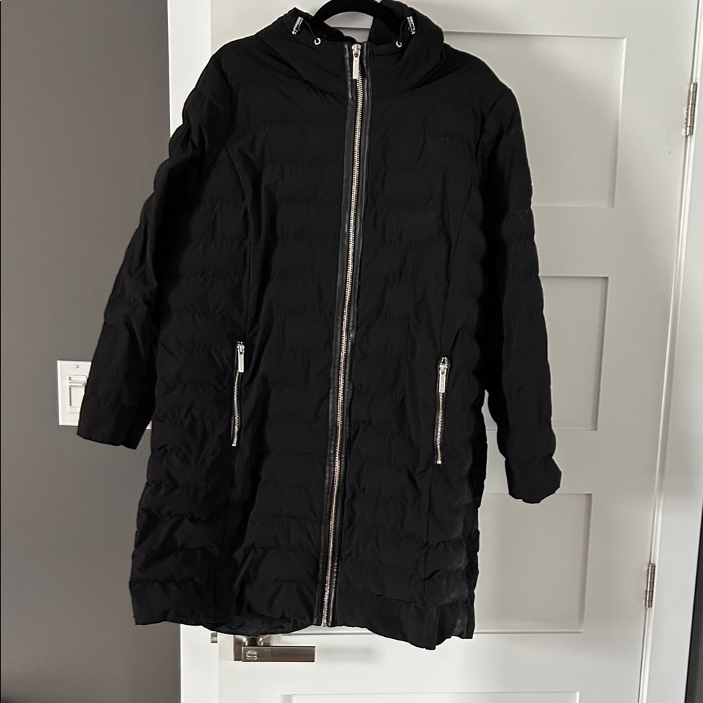 Calvin Klein Black Hooded Quilted Long Puffer Coat with Silver Zippers
